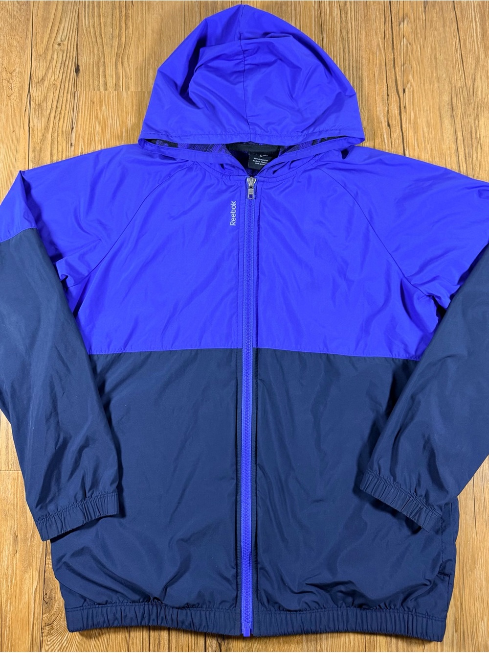 Reebok Mens L Colorblock Windbreaker Jacket Blue Navy Hooded Mesh Lined